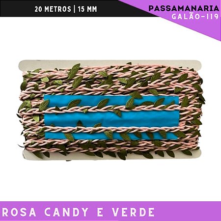 Fita De Passamanaria Corda Trançada C/Folhas Galao-119 - Rolo C/20 Mts Cor:Rosa-Candy/Verde-133/254