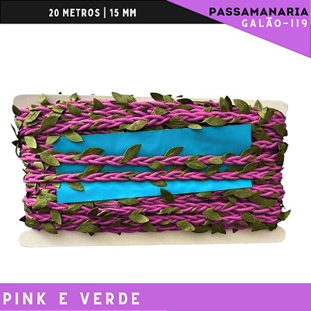 Fita De Passamanaria Corda Trançada C/Folhas Galao-119 - Rolo C/20 Mts Cor:Pink/Verde-312/254