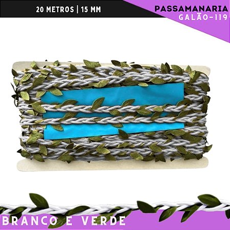 Fita De Passamanaria Corda Trançada C/Folhas Galao-119 - Rolo C/20 Mts Cor:Branco/Verde-Oliva-101/254