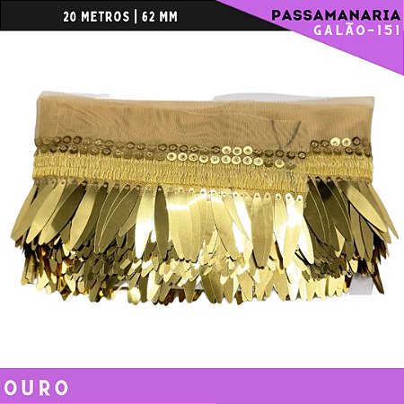 Franja Passamanaria Penas Galao-151 - Tam: 62mm - Rolo C/9.14 Mts Cor:Ouro