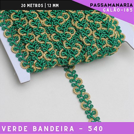 Fita Galão Passamanaria Ref:Galao-185 -12mm - Rolo C/20 Mts Cor:Verde-Bandeira-540