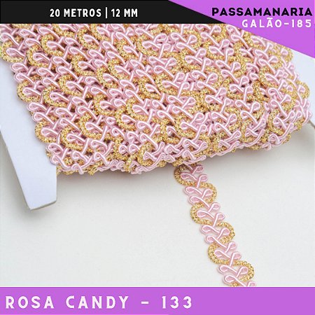 Fita Galão Passamanaria Ref:Galao-185 -12mm - Rolo C/20 Mts Cor:Rosa-Candy-133