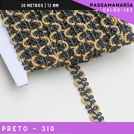 Fita Galão Passamanaria Ref:Galao-185 -12mm - Rolo C/20 Mts Cor:Preto-310