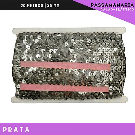 Fita Galao Elastico De Paete Lantejoula - Tam: 35mm - Rolo C/13.7 Mts Cor:Prata