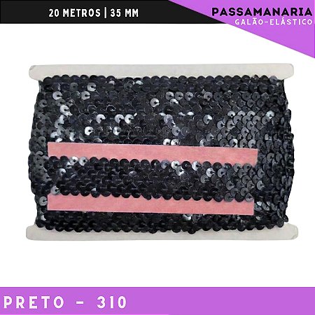 Fita Galao Elastico De Paete Lantejoula - Tam: 35mm - Rolo C/13.7 Mts Cor:Preto-310