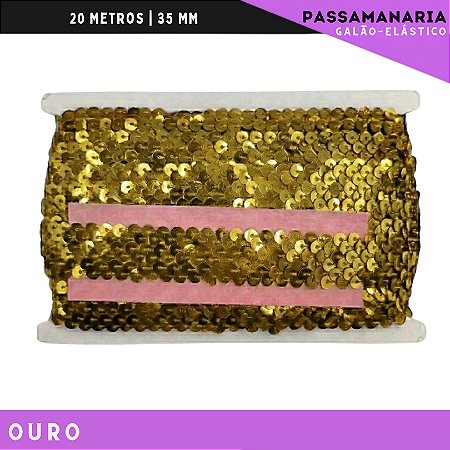 Fita Galao Elastico De Paete Lantejoula - Tam: 35mm - Rolo C/13.7 Mts Cor:Ouro