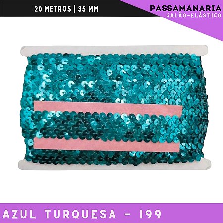 Fita Galao Elastico De Paete Lantejoula - Tam: 35mm - Rolo C/13.7 Mts Cor:Azul-Turquesa-199