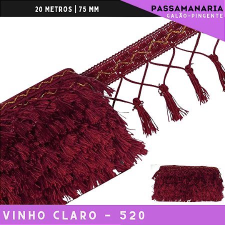 Fita Galao Pingente De Seda Tassel - 7,5 Cm - Passamanaria Franja - Rolo C/ 20 Mts Cor:Vinho-Claro-520