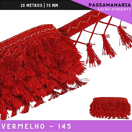 Fita Galao Pingente De Seda Tassel - 7,5 Cm - Passamanaria Franja - Rolo C/ 20 Mts Cor:Vermelho-145