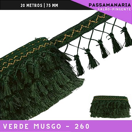 Fita Galao Pingente De Seda Tassel - 7,5 Cm - Passamanaria Franja - Rolo C/ 20 Mts Cor:Verde-Musgo-260