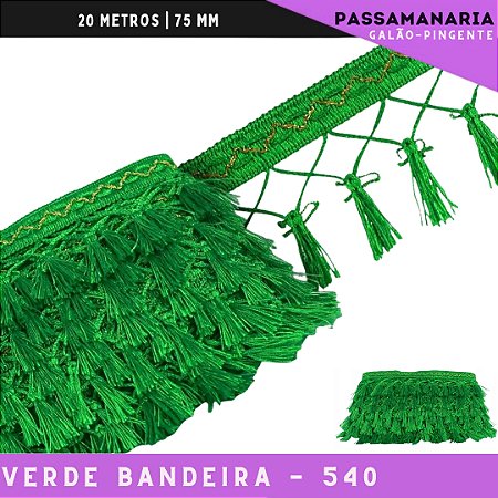 Fita Galao Pingente De Seda Tassel - 7,5 Cm - Passamanaria Franja - Rolo C/ 20 Mts Cor:Verde-Bandeira-540