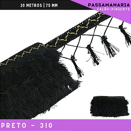 Fita Galao Pingente De Seda Tassel - 7,5 Cm - Passamanaria Franja - Rolo C/ 20 Mts Cor:Preto-310