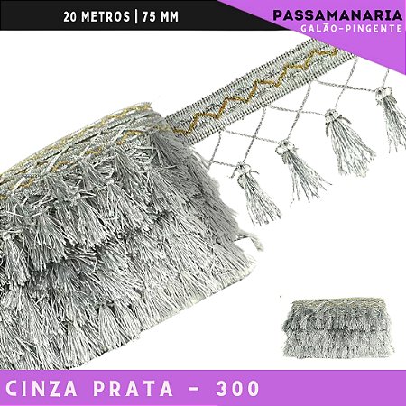 Fita Galao Pingente De Seda Tassel - 7,5 Cm - Passamanaria Franja - Rolo C/ 20 Mts Cor:Cinza-Prata-300
