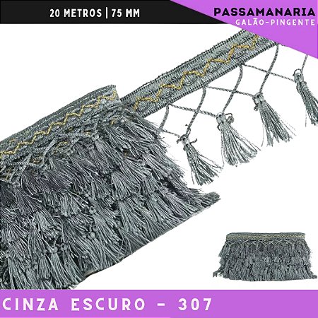 Fita Galao Pingente De Seda Tassel - 7,5 Cm - Passamanaria Franja - Rolo C/ 20 Mts Cor:Cinza-Escuro-307
