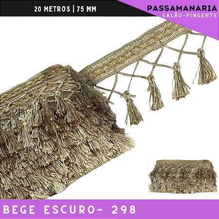 Fita Galao Pingente De Seda Tassel - 7,5 Cm - Passamanaria Franja - Rolo C/ 20 Mts Cor:Bege-Escuro-298