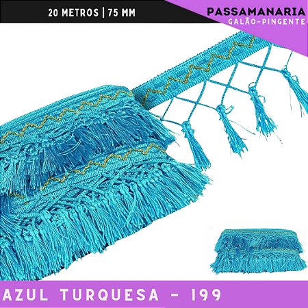 Fita Galao Pingente De Seda Tassel - 7,5 Cm - Passamanaria Franja - Rolo C/ 20 Mts Cor:Azul-Turquesa-199