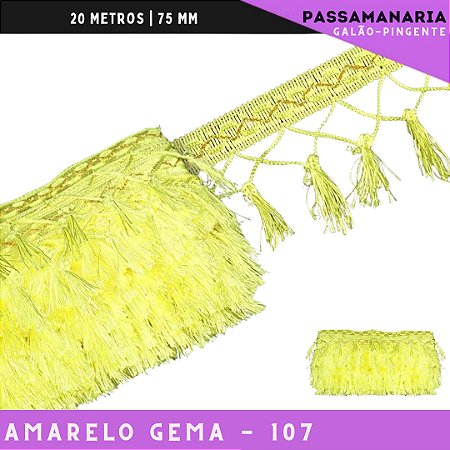 Fita Galao Pingente De Seda Tassel - 7,5 Cm - Passamanaria Franja - Rolo C/ 20 Mts Cor:Amarelo-Gema-107