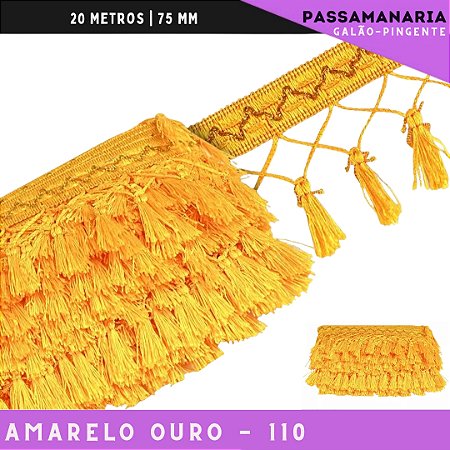 Fita Galao Pingente De Seda Tassel - 7,5 Cm - Passamanaria Franja - Rolo C/ 20 Mts Cor:Amarelo-Ouro-110