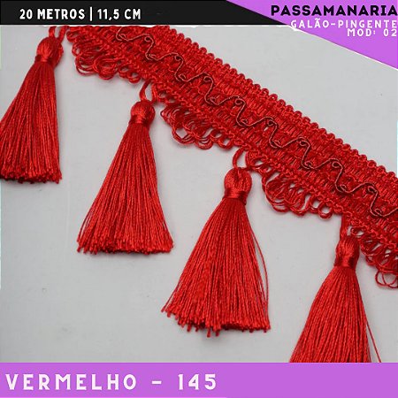 Galão de Franja Pingente Tassel Luxo Premium - Rolo c/20 mts - 11.5 cm - Grade de Cores COR:VERMELHO-145