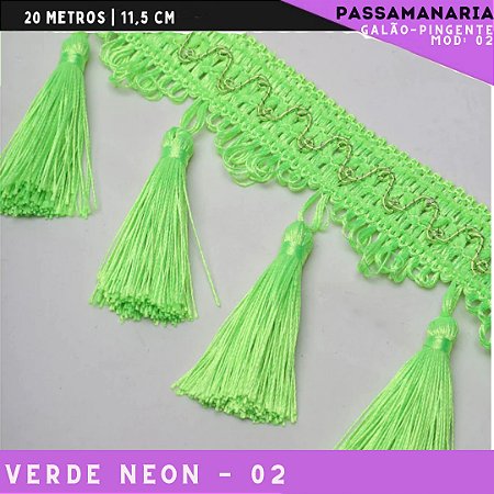 Galão de Franja Pingente Tassel Luxo Premium - Rolo c/20 mts - 11.5 cm - Grade de Cores COR:VERDE-NEON-02
