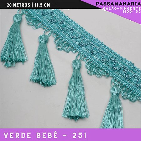 Galão de Franja Pingente Tassel Luxo Premium - Rolo c/20 mts - 11.5 cm - Grade de Cores COR:VERDE-BEBE-238