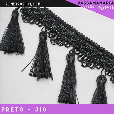 Galão de Franja Pingente Tassel Luxo Premium - Rolo c/20 mts - 11.5 cm - Grade de Cores COR:PRETO-310