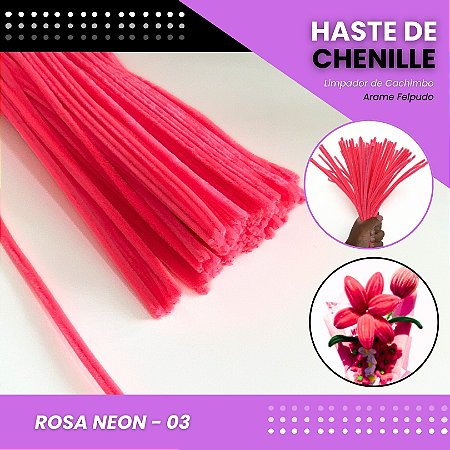 100 Haste De Chenille Limpador De Cachimbo Fios Artesanato 30cm Cor:Rosa-Neon-03