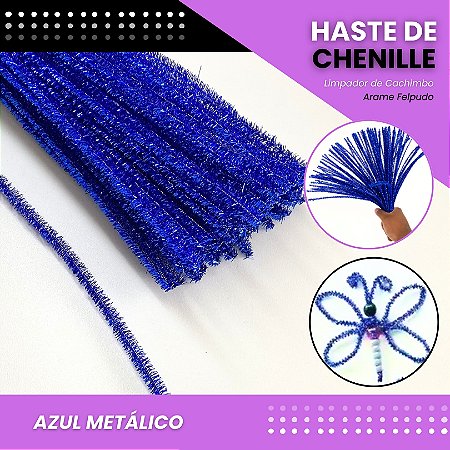 100 Haste De Chenille Limpador De Cachimbo Fios Artesanato 30cm Cor:Azul-Metalico