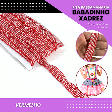 Fita Passamanaria Babadinho Xadrez Elástica - 18mm - Rolo C/13.7 Mts COR:VERMELHO