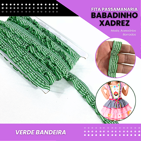 Fita Passamanaria Babadinho Xadrez Elástica - 18mm - Rolo C/13.7 Mts COR:VERDE-BANDEIRA