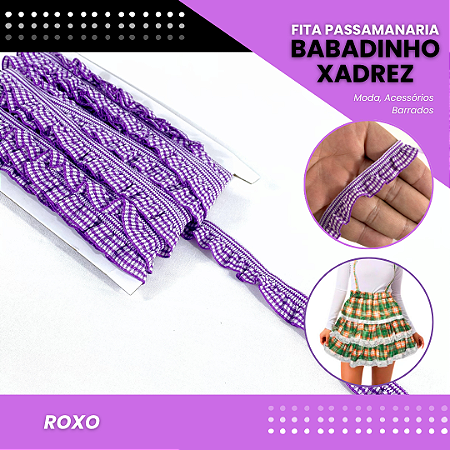 Fita Passamanaria Babadinho Xadrez Elástica - 18mm - Rolo C/13.7 Mts COR:ROXO