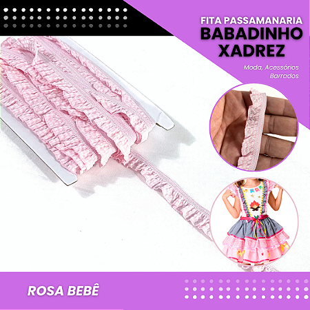 Fita Passamanaria Babadinho Xadrez Elástica - 18mm - Rolo C/13.7 Mts COR:ROSA-BEBE