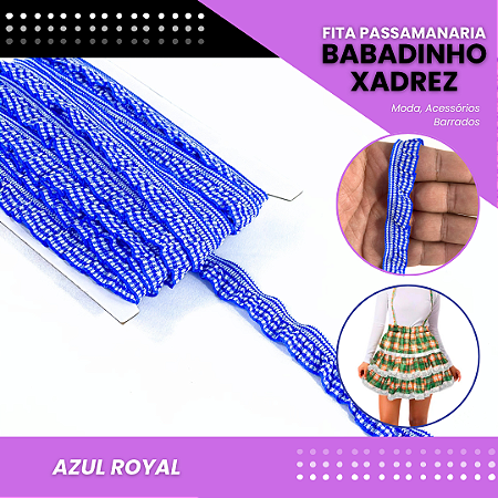 Fita Passamanaria Babadinho Xadrez Elástica - 18mm - Rolo C/13.7 Mts COR:AZUL-ROYAL