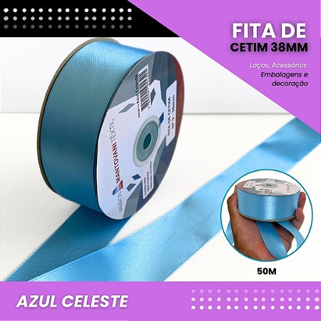 Fita de Cetim Lisa - 38mm - Rolo C/50 Metros COR:AZUL-CELESTE