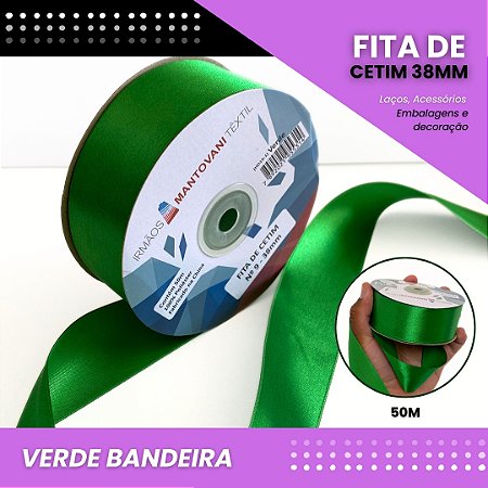 Fita de Cetim Lisa - 38mm - Rolo C/50 Metros COR:VERDE-BANDEIRA