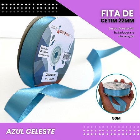 Fita de Cetim Lisa - 22mm - Rolo C/50 Metros COR:AZUL-CELESTE