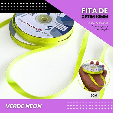 Fita de Cetim Lisa - 10mm - Rolo C/50 Metros COR:VERDE-NEON