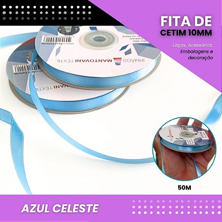 Fita de Cetim Lisa - 10mm - Rolo C/50 Metros COR:AZUL-CELESTE