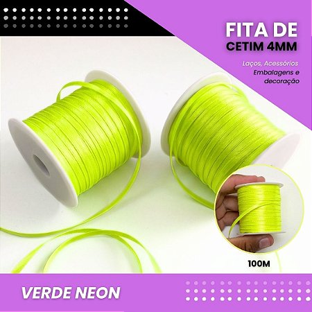 Fita de Cetim Lisa - 4mm - Rolo C/100 Metros COR:VERDE-NEON