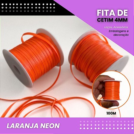 Fita de Cetim Lisa - 4mm - Rolo C/100 Metros COR:LARANJA-NEON