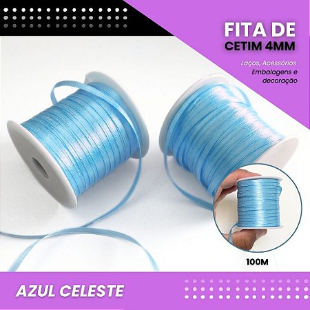 Fita de Cetim Lisa - 4mm - Rolo C/100 Metros COR:AZUL-CELESTE
