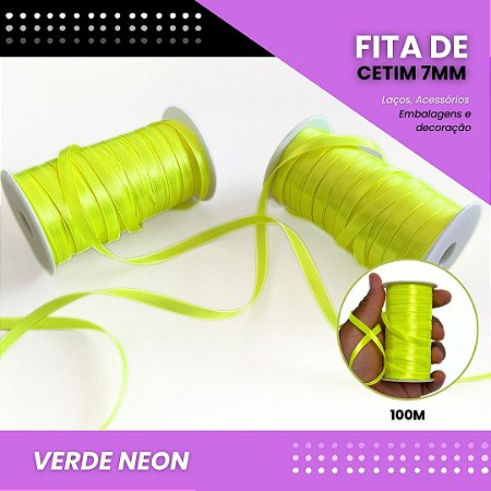 Fita de Cetim Lisa - 7mm - Rolo C/100 Metros COR:VERDE-NEON