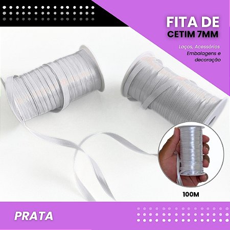 Fita de Cetim Lisa - 7mm - Rolo C/100 Metros COR:PRATA