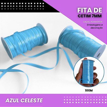 Fita de Cetim Lisa - 7mm - Rolo C/100 Metros COR:AZUL-CELESTE