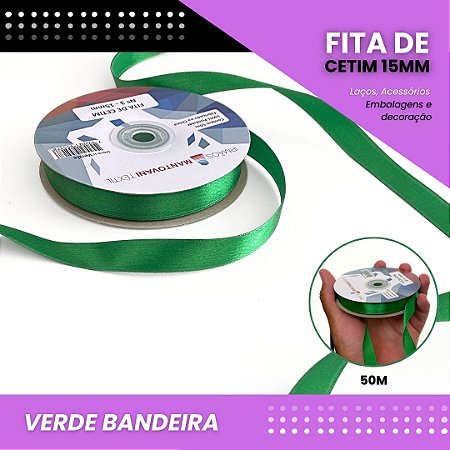 Fita de Cetim Lisa - 15mm - Rolo C/50 Metros COR:VERDE-BANDEIRA