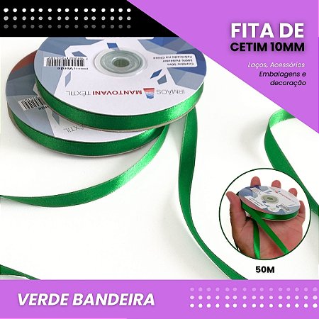 Fita de Cetim Lisa - 10mm - Rolo C/50 Metros COR:VERDE-BANDEIRA