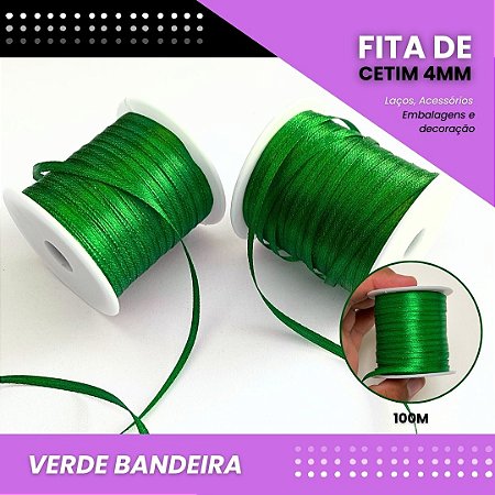 Fita de Cetim Lisa - 4mm - Rolo C/100 Metros COR:VERDE-BANDEIRA