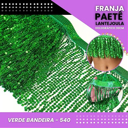 Franja Paetê Lantejoula MOD: 08 - 30cm - Rolo C/ 9.1 Mts COR:VERDE-BANDEIRA-HOLOGRAFICO-540