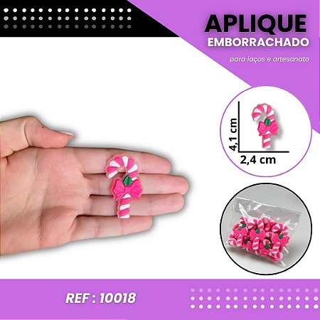 Aplique Emborrachado Para Laços - Natalino Bengala de Natal Rosa Ref: 10018
