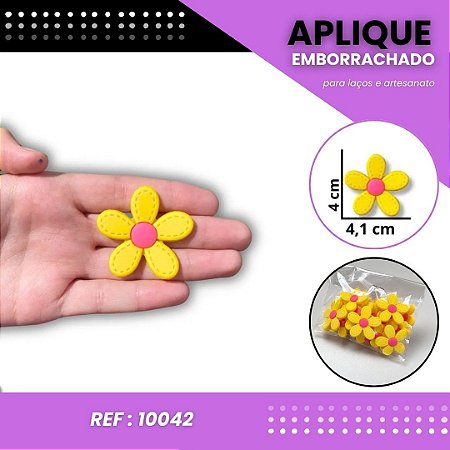 Aplique Emborrachado Para Laços - Flor Margarido G Amarelo Ouro/Rosa Ref: 10042